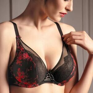 Antinea By Lise Charmel Bra Womens Size 34F Black Red Rose Floral Lace Bow Lined